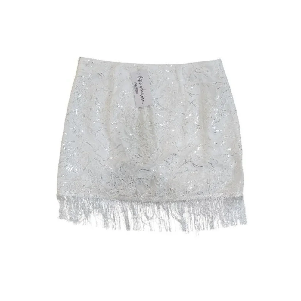 12th Tribe White Sequin Fringe Mini Skirt | Festival Party | Size M